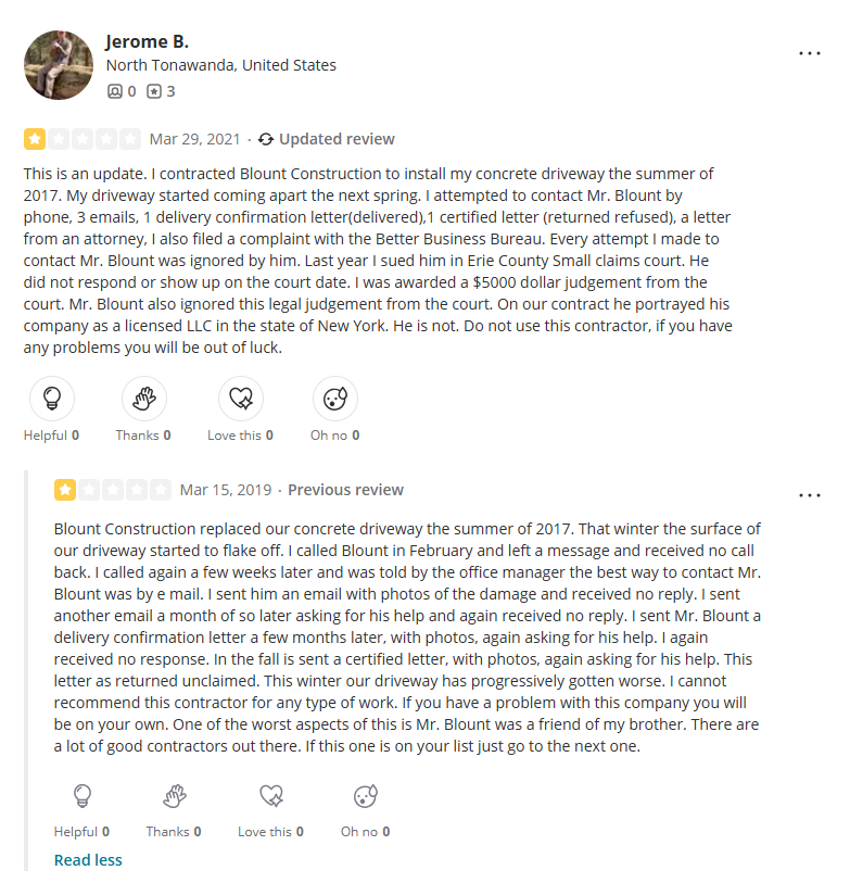 Blount Construction Poor Customer Service